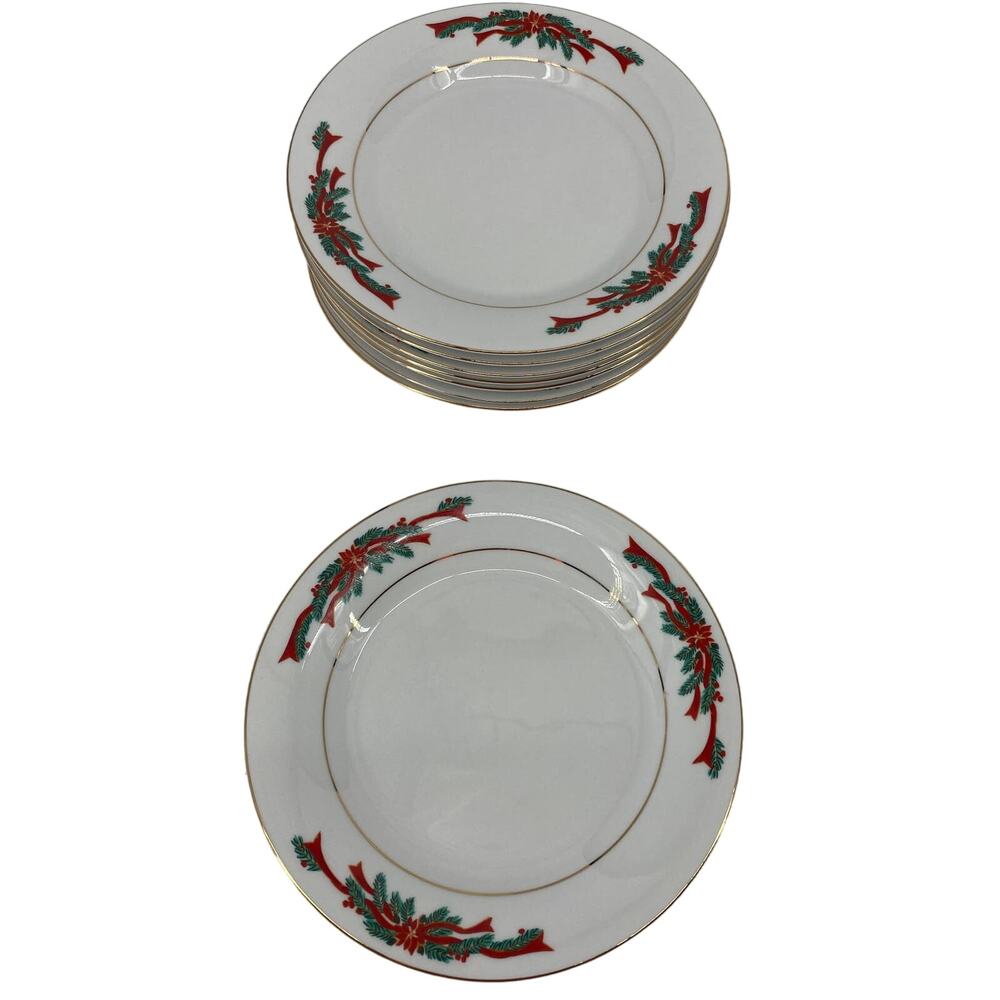 3 Tienshan Fairfield Poinsettia & Ribbons Christmas Salad Bread Plate 7.5"